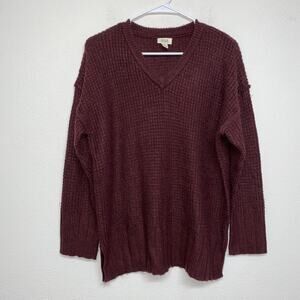 Ana A New Approach V Neck Pullover Waffle Knit Bulky Burgundy Sweater Petite M